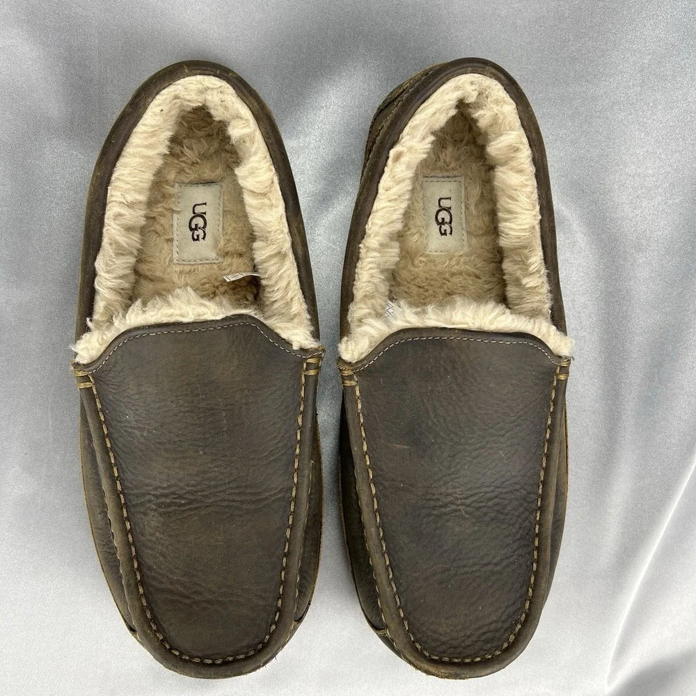 UGG Ascot Leather Wool Slippers Loafers Men's 12 Dark Brown‎ Driving S/N 1103889